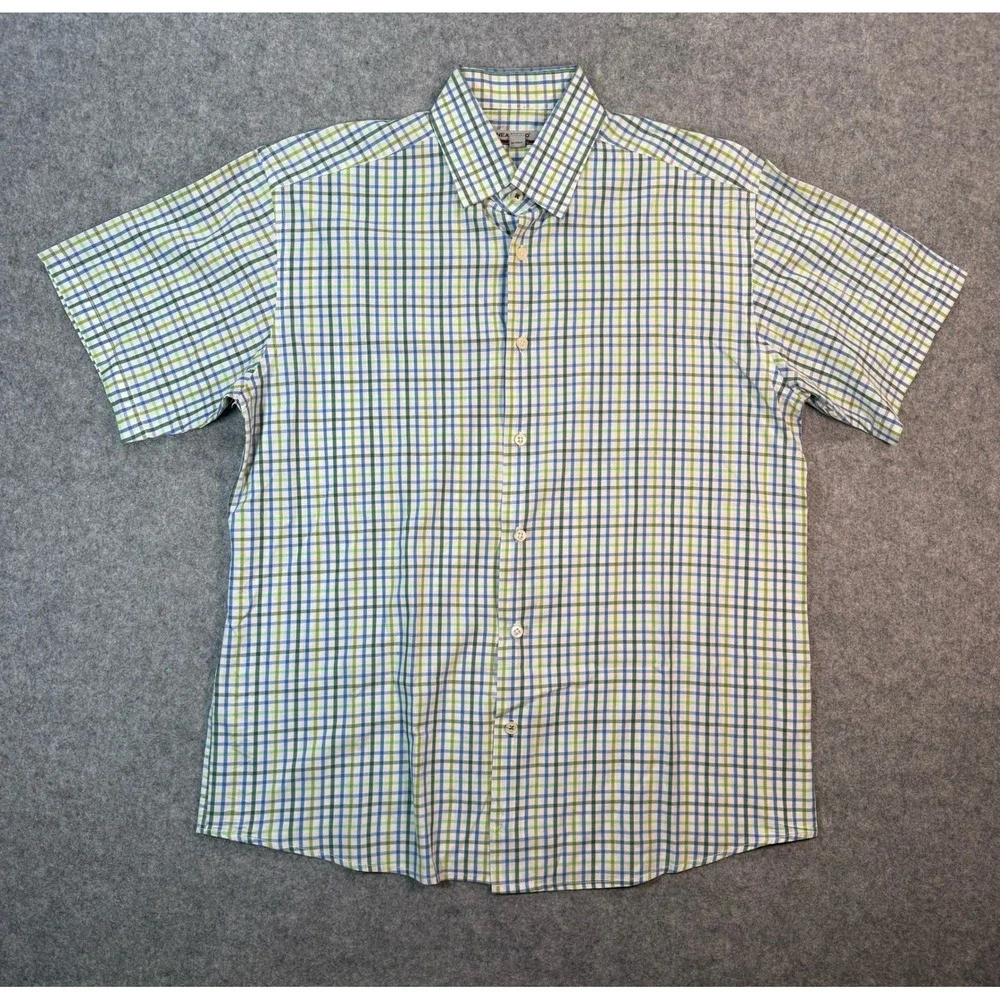 Linea Uomo Mens Modern Fit Short Sleeve Plaid Button Up Shirt Blue Green Large